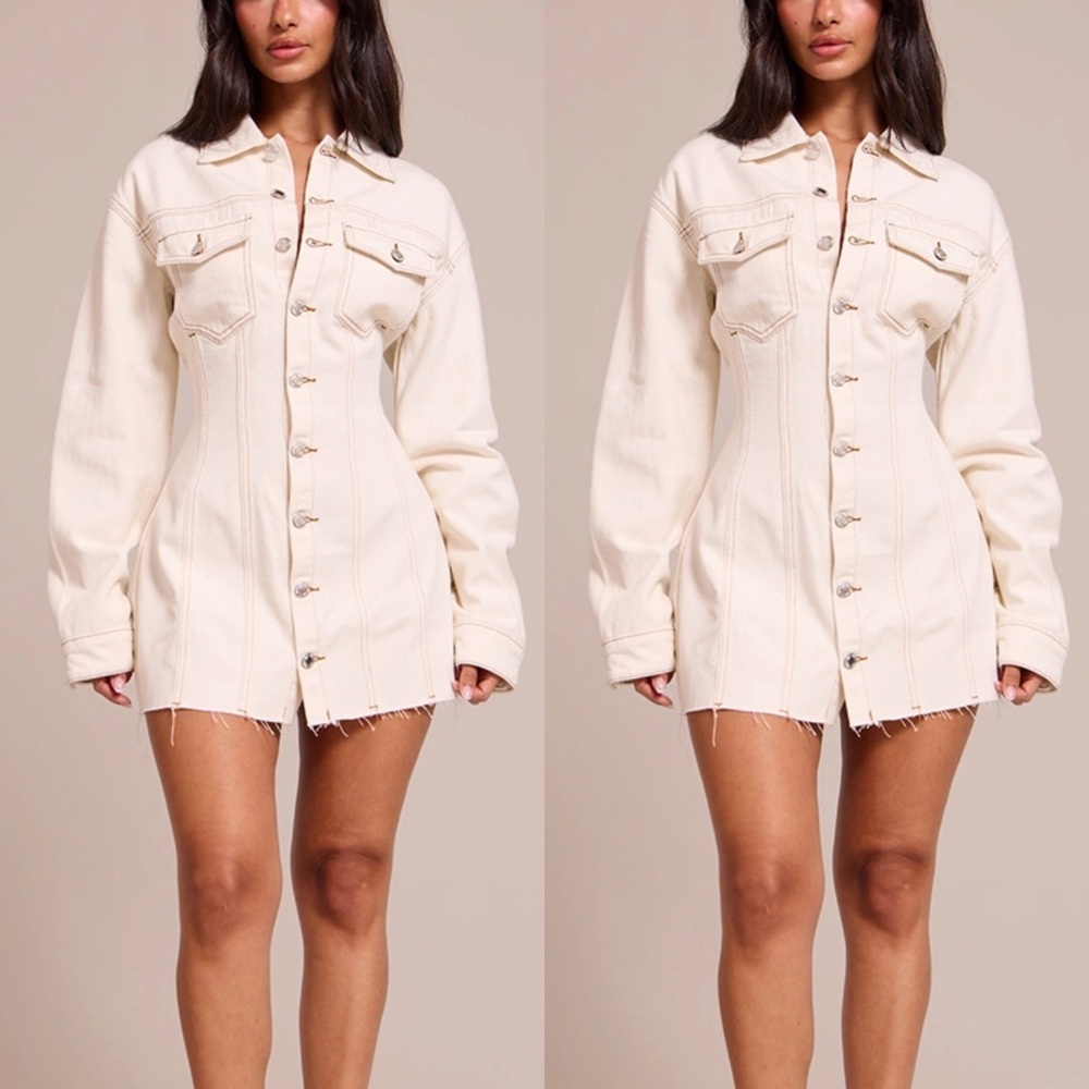 Pretty Little Thing Ecru Denim Fitted Mini Dress 00